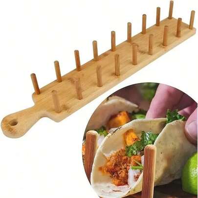 1 pieza Soporte de madera para tacos GOXAWEE, soporte de bambú sólido para burritos con asa, se mantiene en pie y sostiene 8 tacos blandos o duros, utensilios de cocina, bandeja organizadora de bambú, soporte para burritos, ideal para tortillas, hogar, fiestas, cumpleaños y restaurantes