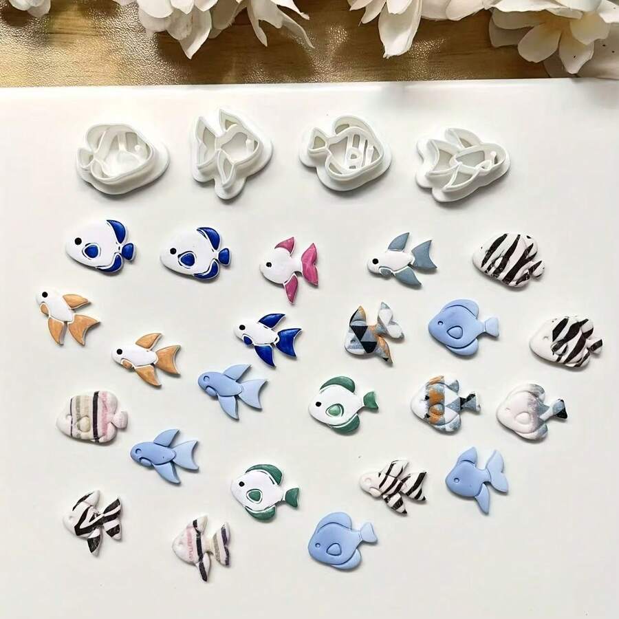 4件套波西米亚风鱼形软陶模具 - 精致浮雕图案的软陶瓷首饰制作模具，非常适合制作吊坠、耳环和手工首饰，女士鱼形胸针、鱼形别针、鱼形徽章，软陶首饰模具 - 白色 - 查看 1