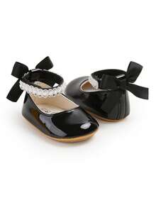 Newborn Infant Girls' Mary Jane Flats With Bow, Non-Slip Soft Bottom PU Leather Infant Prewalker Shoes With Pearl Ribbon - Black - View 6