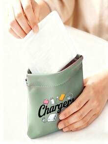 Multi-Color Charger/Data Cable Organizer Pouch, Light Green/Random Print Pattern, Suitable For Data Cables, USB Drives, Power Banks, Phones, Etc., For Office And Travel Use - Multicolor - View 4