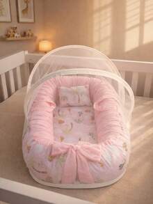 Baby Nest Reducer With Mosquito Net – Comfort And Safety For Baby - PINK - View 1