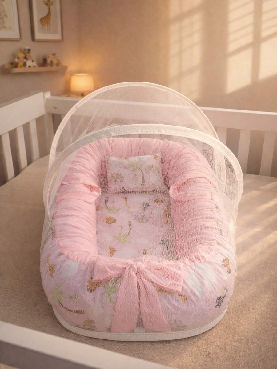 Baby Nest Reducer With Mosquito Net – Comfort And Safety For Baby - PINK - View 1