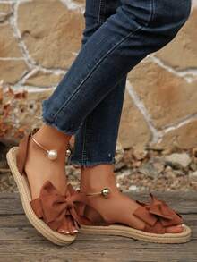 Sandal đế bằng thời trang mềm mại, màu trơn, kiểu nơ, thích hợp cho nữ đi biển hoặc du lịch. - màu nâu - Xem 7