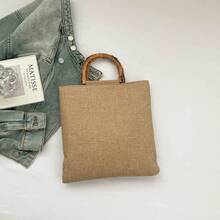 Countryside Style Linen Tote Bag, Bamboo Handle Large Capacity Tote Bag, New Spring/Summer Retro Jacquard Bamboo Handle Linen Texture Commuter Bag - Multicolor - View 9