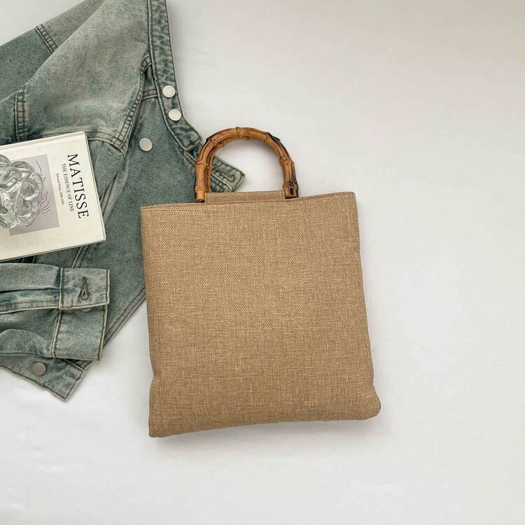 Countryside Style Linen Tote Bag, Bamboo Handle Large Capacity Tote Bag, New Spring/Summer Retro Jacquard Bamboo Handle Linen Texture Commuter Bag - Multicolor - View 9