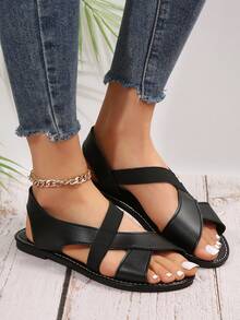 欧美风夏季休闲舒适女士平底凉鞋，圆头低跟沙滩鞋 - 黑色 - 查看 4