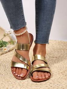 Giày sandal đế bằng nữ kiểu dáng châu Âu và Mỹ, thoải mái, mũi tròn, gót thấp, thích hợp đi biển mùa hè. - Vàng - Xem 5