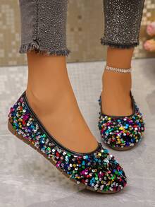 1 Pasang Sepatu Balet Elegan dengan Hiasan Payet Pelangi untuk Wanita, Cocok untuk Pesta Liburan - Hitam - View 6
