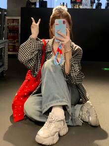 Spring/Summer Korean Retro Red Plaid Loose Casual Collared Shirt For Women Black - Black - View 6