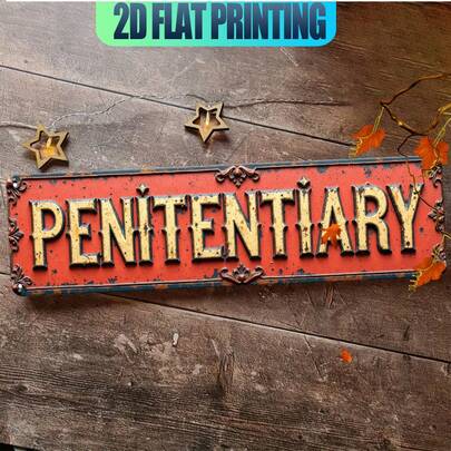 1pc 2D Flat - Large Vintage Style Metal Sign, Red And Black "Penitentiary" Text, Suitable For Decorating Cave, Cell, Home, Bar Or Cafe, Unique Gift