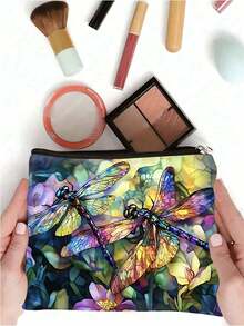 Bolsa de cosméticos con estampado de libélula de vidrio de colores - Regalo creativo para mujeres, bolsa de viaje para maquillaje, organizador de maquillaje, bolsa de aseo, bolsa de almacenamiento de maquillaje, bolsa de lavado, bolsa de viaje, artículos esenciales para vacaciones, regalos para mujeres - Multicolor - Ver 3
