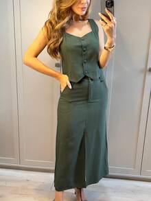 Elegant Women's Tailored Skirt And Vest Set - Army Green - View 9