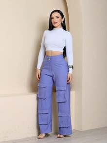 Women's Wide Leg Cargo Pants, High Waist, Tailored, Marrant Style, Palazzo Pants With 4 Utility Pockets, Premium Streetwear - 霧霾藍 - 查看 3