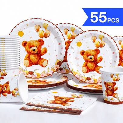 طقم أطباق ورقية أحادية الاستخدام مزينة بالشمس الذهبية والدب التيدي، مناسبة ل- 10 ضيوف، لحفلات عيد الميلاد والزفاف والحفلات العائلية والنزهات