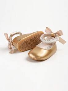Sepatu Flat Mary Jane untuk Bayi Perempuan Baru Lahir, Dekorasi Pita, Sol Lembut Anti Selip, Sepatu Bayi Pra-berjalan dari Kulit PU, Pita Mutiara - Emas - View 8