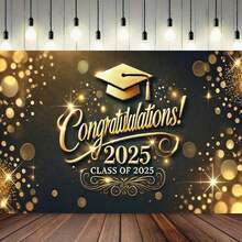 2D Flat, 1 Piece Graduation Congratulation  Elegant Gold & Graduation Design, With Shiny Confetti & 2025 Numbers  Polyester Party Decoration, Suitable 2025 Graduates, Four Seasons Indoor/Outdoor Wall Decoration, Suitable Home, Office - 多色 - 查看 8