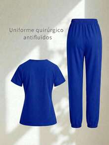 Conjunto uniforme médico quirúrgico set 2 piezas dama mujer manga corta cuello v pantalón jogger resorte cordón cómodo - Azul - Ver 2