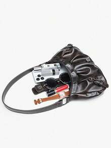 Y2K Women's Vintage Miradet Distressed Soft Leather Motorcycle Bag With Rivets, Buckle Decor, Pleated Cloud Shoulder/Underarm Bag, Suitable For Work, Commute, Date, Party - Coffee Brown - View 6