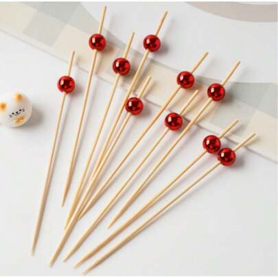 200/100/50/20/5pcs Red Bead Bamboo Skewers, Disposable Toothpicks, Bamboo Fruit & Cake Picks, Appetizer Picks, Suitable For Wedding, Birthday, Party, Graduation, Anniversary, Dining, School Events, Christmas, Halloween, Thanksgiving, New Year Essential, Kitchen Utensil