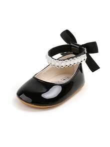 Newborn Infant Girls' Mary Jane Flats With Bow, Non-Slip Soft Bottom PU Leather Infant Prewalker Shoes With Pearl Ribbon - Black - View 10