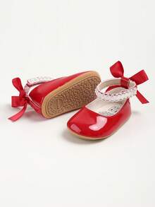 Newborn Baby Girls' Mary Jane Flats, Bow Decor, Non-Slip Soft Bottom PU Leather Infant Prewalker Shoes, Pearl Ribbon - Red - View 6