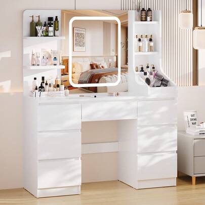 Devoko HOMALL Dressing Table With LED Light 7 Drawers Dressing Table With Mirror And Lights, Vanity Table For Bedroom