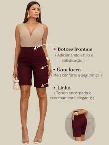 Linen Bermuda Shorts With A Modern Design, Featuring Pockets And Covered Buttons. - Quả sung - Xem 6