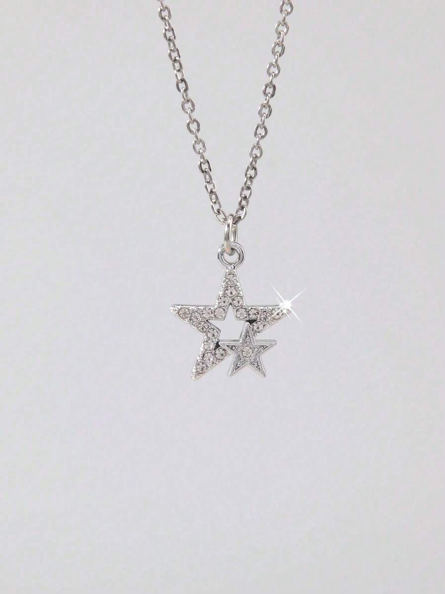 Retro Gothic Punk Style Rhinestone Star Necklace, Unisex - Silver - View 1