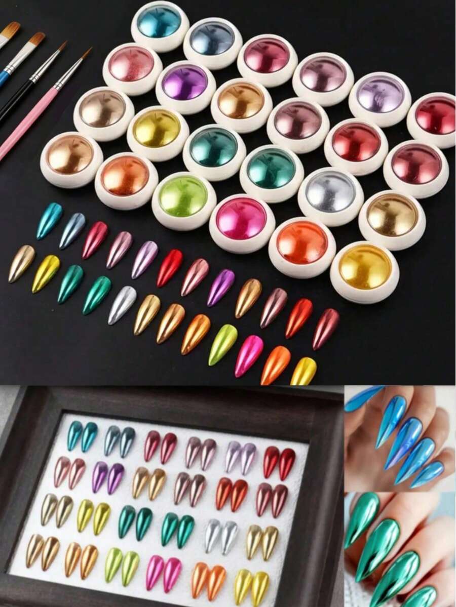 24 Colors Set Mirror Powder, Super Shiny Mermaid Nail Powder, Mirror Metal Friction Powder, Holiday DIY Nail Art, Nail Gems, Nail Art Supplies, Spring Nail Powder Mirror Effect Holographic Chameleon Pigment Powder, Suitable For Gel Nails, Nail Art, Glitter, Decorative Art - 彩色 - 查看 1
