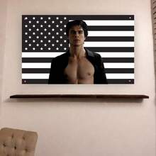 Damon Salvatore Flag |   Hot Vampire Black USA Banner |   TVD Aesthetic Dorm Frat Room Wall Decor - 1PC - 查看 3