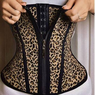 1pc Plus Size New Leopard Print Women's Shapewear, Fitness Training Dance Yoga Running Sports Waist Trainer, Daily Wear Slim Waist Belt, Zipper & Button Double Layer Adhesive Spring