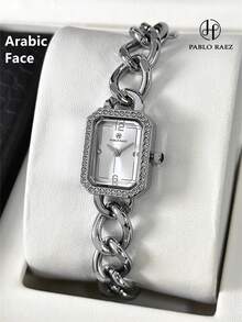 Pablo Raez 1pc Ladies Watch Gold Watch Women's Elegant Stainless Steel Bracelet Watch, Silver Stainless Steel & Rhinestone Decor Rectangular Case, Black Minimalist Dial, Jewelry Clasp, Waterproof, Full Automatic Quartz Electronic Wristwatch, Suitable For Daily Life, Work, Parties, And Decoration - Silver - View 15