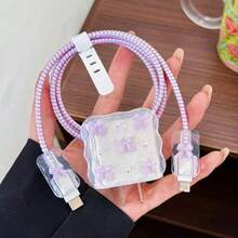 Bộ bảo vệ cáp sạc màu tím thắt nơ trắng, 20W/18W, thiết kế ngọc trai giả màu tím và trắng, bao gồm bảo vệ cáp sạc và đầu sạc, tương thích với bộ sạc Apple. Quà tặng dành cho nữ. - Màu tím hoa cà - Xem 6