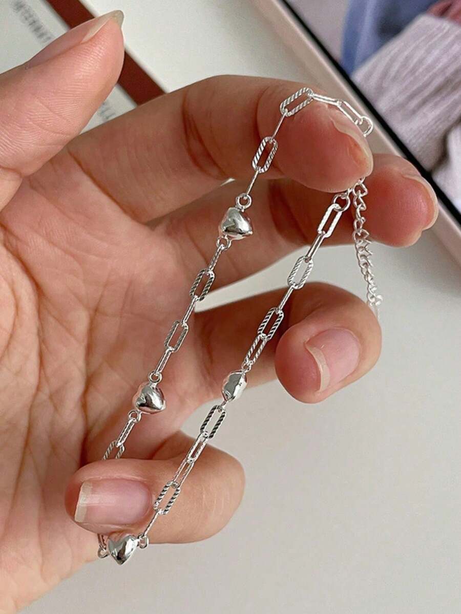 BALMORA 1条925纯银时尚优雅可爱心形链手链，适合女性日常佩戴、友谊聚会、情人节、珠宝礼物