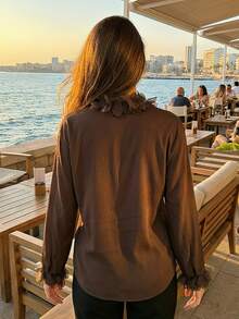 2026春夏新款优雅花卉V领法式开衫衬衫，宽松飘逸长袖女式衬衫 - 咖啡棕 - 查看 8