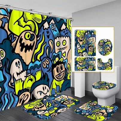 Summer Shower Curtain Set (1pc/3pcs/4pcs), Shower Curtain Fabric With 12 Hooks, Bathroom Decor Curtain, Non-Slip Bathroom Mat Toilet Seat Cover Set, Bathroom Mat, Toilet Seat Cover, U-Shaped Non-Slip Mat