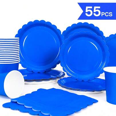 أطباق ورقية بشكل بتلة باللون الأزرق الداكن، مناديل ، أكواب - مجموعة إمدادات حفلة لمرة واحدة، مناسبة ل- 10 ضيوف، أطباق ورقية للحفلات والأعراس والحفلات المناسبة والنزهات العائلية