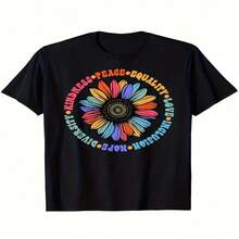 Men's & Women's 220gsm Heavyweight Cotton T-Shirt - Black Retro Sunflower Social Justice Tee With Kindness Peace Equality Human Rights Message, Short Sleeve Round Neck Casual Shirt - Black - View 1