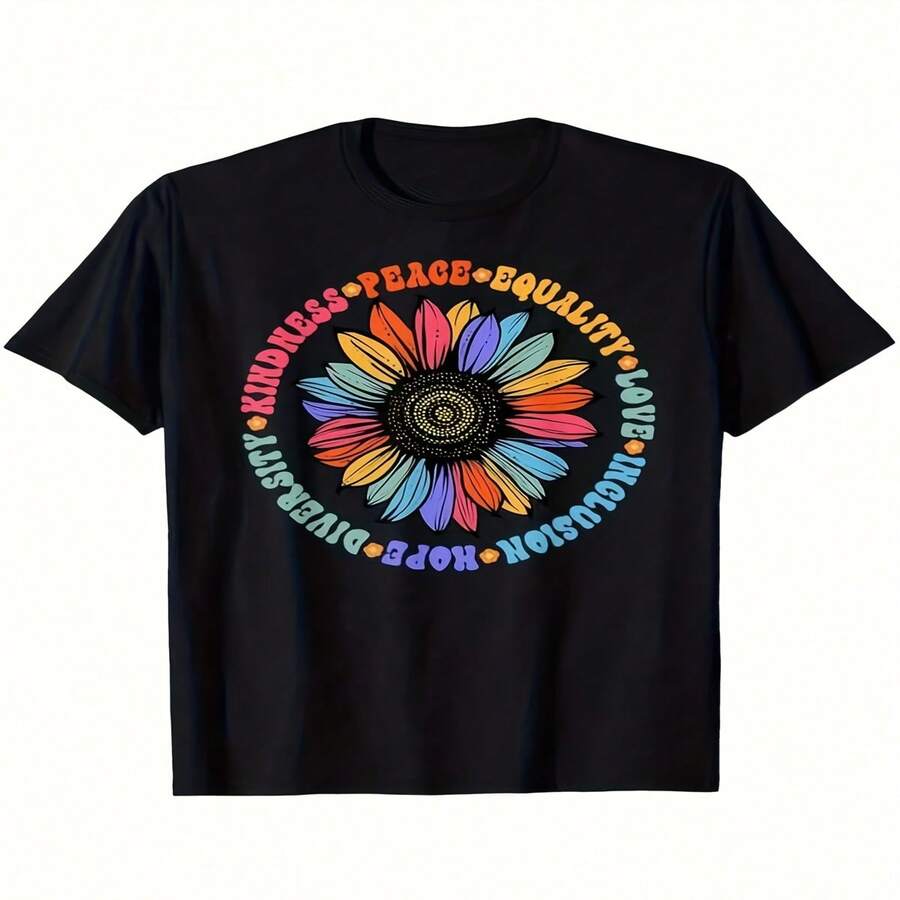 Men's & Women's 220gsm Heavyweight Cotton T-Shirt - Black Retro Sunflower Social Justice Tee With Kindness Peace Equality Human Rights Message, Short Sleeve Round Neck Casual Shirt - Black - View 1