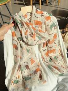 1pc Cute Cat Print Scarf, Large Shawl For Spring/Summer Outings, Sun Protection Beach Wrap, Lightweight Chiffon - Beige - View 2