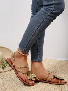 Dép xăng đan đế bằng họa tiết hoa dành cho nữ, kiểu dáng châu Âu và Mỹ, thoải mái khi mang đi biển vào mùa hè. - Vàng - Xem 4