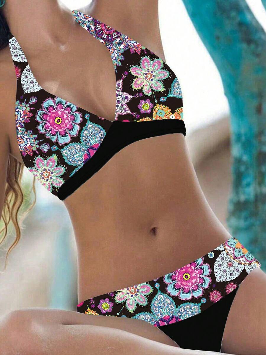 夏季海滩度假必备印花比基尼套装 - 彩色 - 查看 1