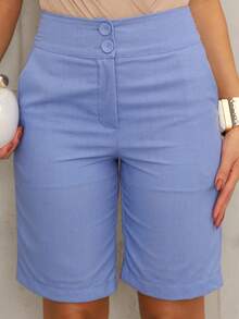 Linen Bermuda Shorts With A Modern Design, Featuring Pockets And Covered Buttons. - 寧靜藍 - 查看 4