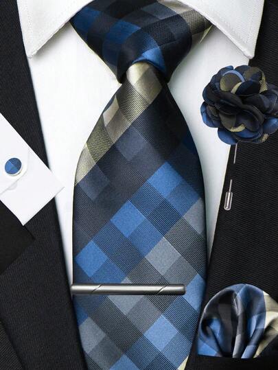 男士蓝色格纹条纹图案领带、口袋巾、银色领带夹、袖扣和胸针组合套装（1/2/3/4/5 件），适合工作场所、商务、会议、婚礼、毕业典礼等场合，是男士生日、感恩节、圣诞节、新年等节日的绝佳礼物。