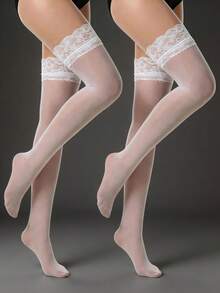 1 Pair Women's White Thigh High Stockings, Lace Trim Sheer Thigh Highs Silky Pantyhose With Silicone Non-Slip, Sexy Over-The-Knee Lace Socks For Summer Beach Holiday Birthday Party - Multicolor - View 2