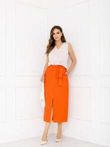 saia feminina de alfaiataria midi com bolsos e faixa social trabalho moda básica premium - Laranja - Visão 2