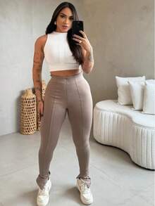 Elegant Casual Riding Pants With Split Detail For Women - Cappuccino - Xem 3