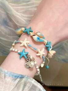 女士防水串珠沙滩脚链，可调节星形贝壳珍珠脚链，波西米亚风夏季沙滩派对礼物 - 彩色 - 查看 3