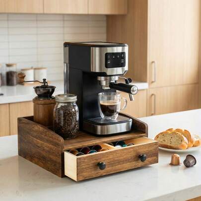 Wooden Coffee Pod Storage Drawer, 2-Drawer Coffee Capsule Holder & Tea Bag Organiser,  Cup Storage Box Coffee Machine Stand For Kitchen Countertop, Ho