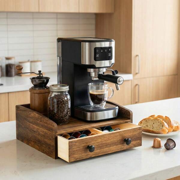 Wooden Coffee Pod Storage Drawer, 2-Drawer Coffee Capsule Holder & Tea Bag Organiser,  Cup Storage Box Coffee Machine Stand For Kitchen Countertop, Holds 30 Pods, 32x26x13cm